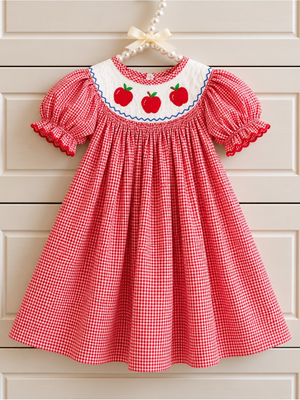 Velani Red Gingham Apple Smocked Back to School Ruffle Puff Sleeves Dress 5 5T